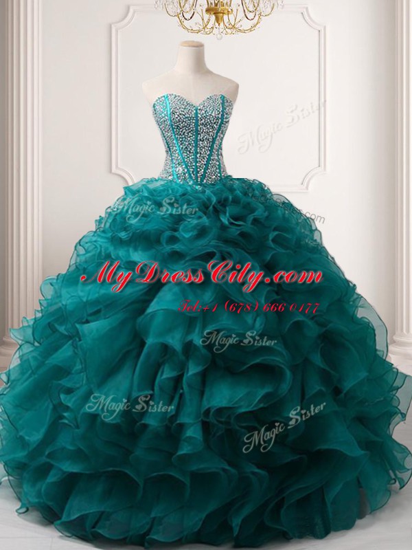 Peacock Green Ball Gowns Sweetheart Sleeveless Organza Floor Length Lace Up Beading and Ruffles Juniors Evening Dress