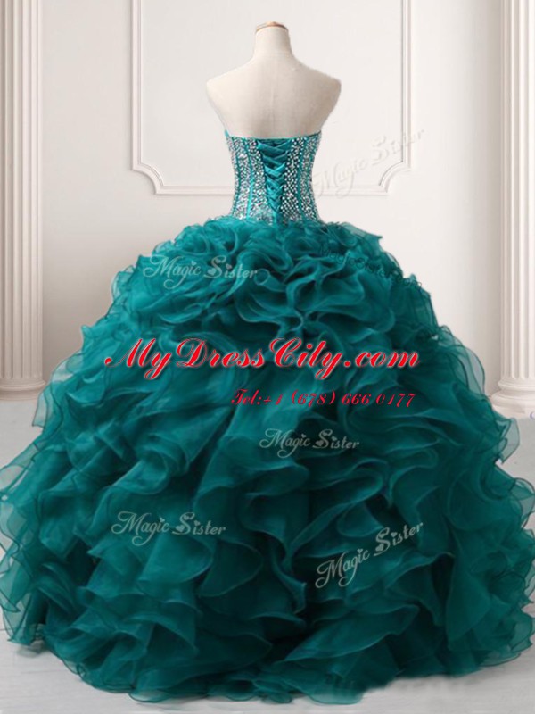 Peacock Green Ball Gowns Sweetheart Sleeveless Organza Floor Length Lace Up Beading and Ruffles Juniors Evening Dress