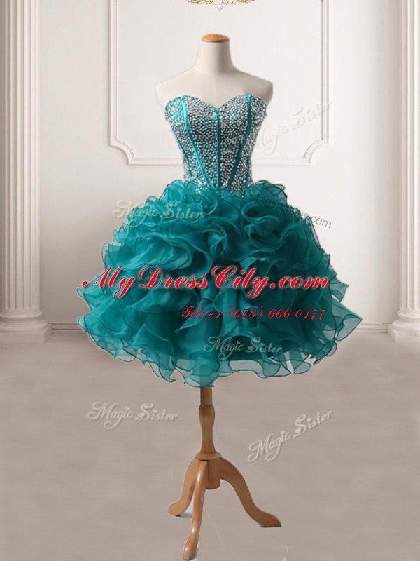 Peacock Green Ball Gowns Sweetheart Sleeveless Organza Floor Length Lace Up Beading and Ruffles Juniors Evening Dress