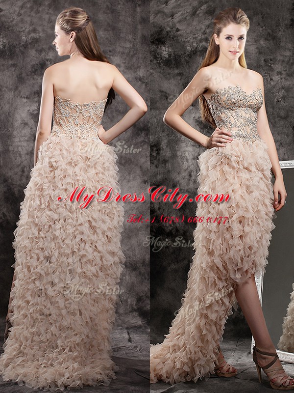 Fine High Low Zipper Pageant Dresses Champagne for Prom with Appliques and Ruffles