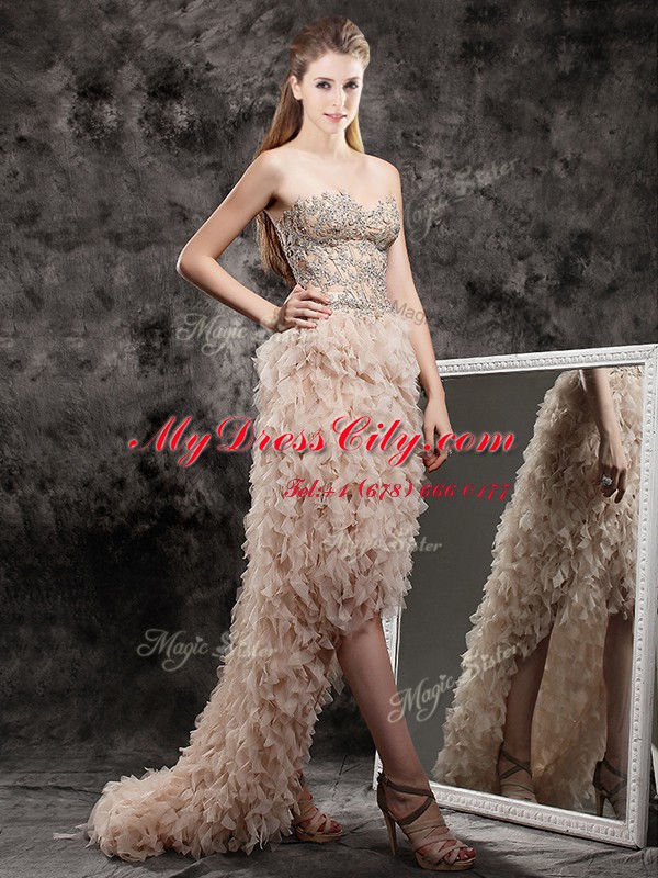 Fine High Low Zipper Pageant Dresses Champagne for Prom with Appliques and Ruffles