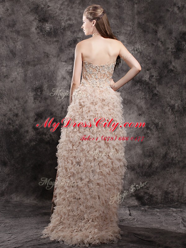 Fine High Low Zipper Pageant Dresses Champagne for Prom with Appliques and Ruffles