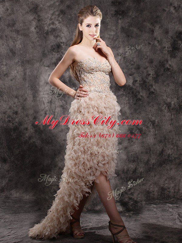 Fine High Low Zipper Pageant Dresses Champagne for Prom with Appliques and Ruffles