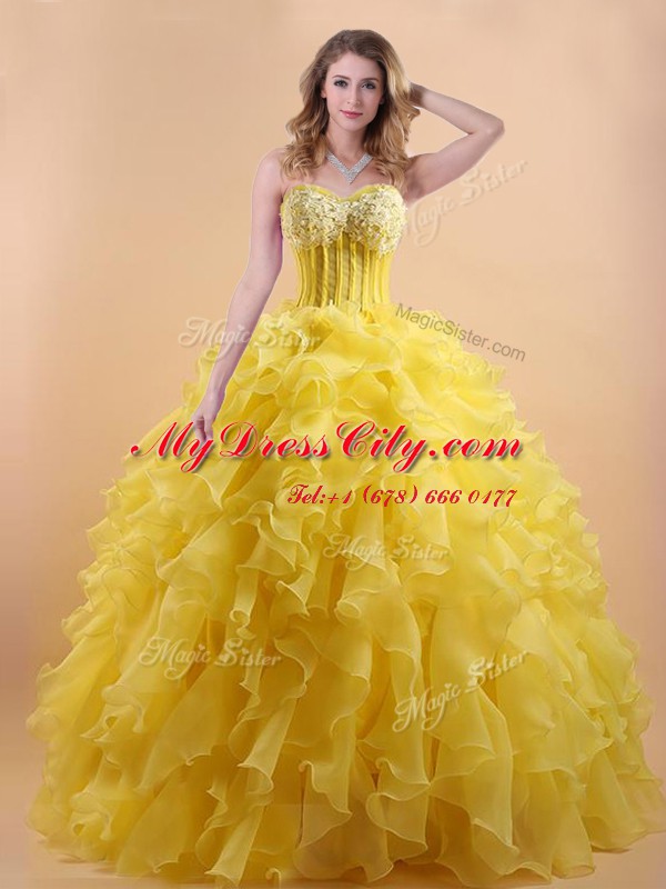 Classical Floor Length Lace Up Quinceanera Gowns Gold for Prom with Appliques and Ruffles