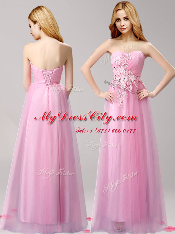 Empire Homecoming Dress Rose Pink Sweetheart Tulle Sleeveless Floor Length Lace Up