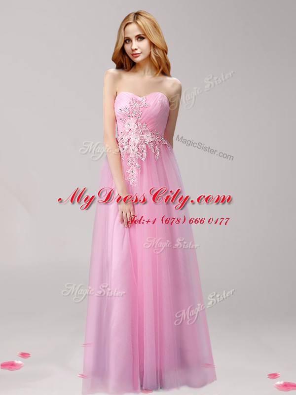 Empire Homecoming Dress Rose Pink Sweetheart Tulle Sleeveless Floor Length Lace Up