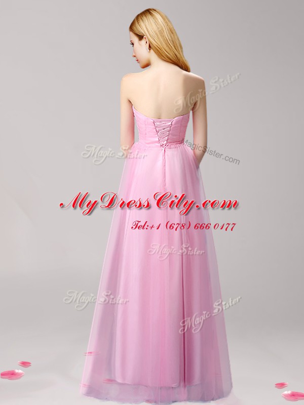 Empire Homecoming Dress Rose Pink Sweetheart Tulle Sleeveless Floor Length Lace Up