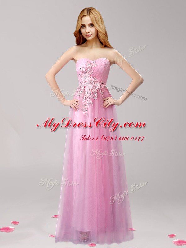 Empire Homecoming Dress Rose Pink Sweetheart Tulle Sleeveless Floor Length Lace Up