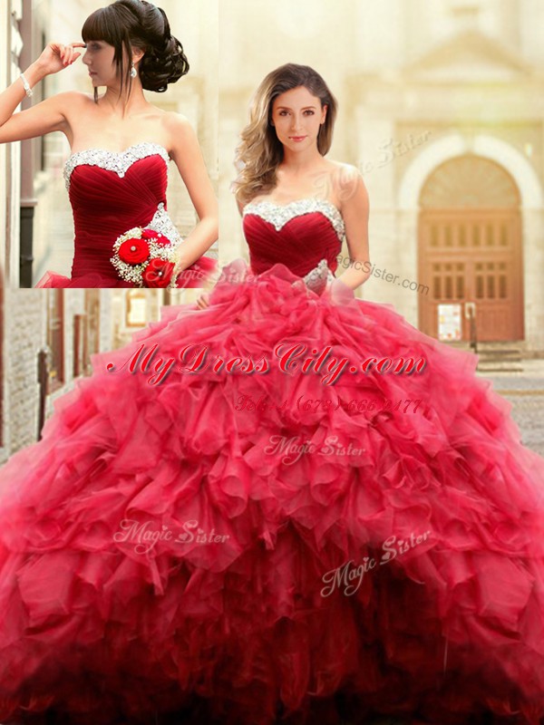 Ball Gowns Quince Ball Gowns Red Sweetheart Tulle Sleeveless Floor Length Lace Up