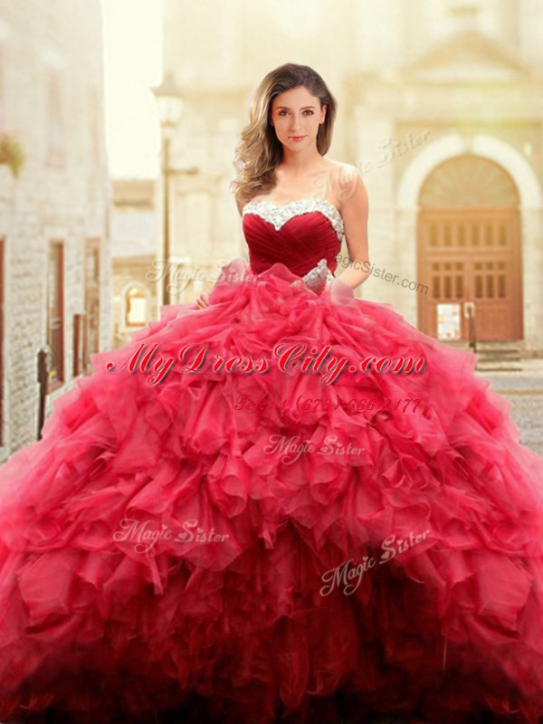 Ball Gowns Quince Ball Gowns Red Sweetheart Tulle Sleeveless Floor Length Lace Up