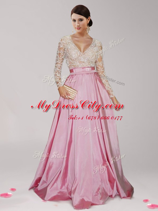 Pink And White Zipper Dress for Prom Beading and Belt Long Sleeves Floor Length