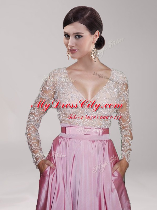 Pink And White Zipper Dress for Prom Beading and Belt Long Sleeves Floor Length