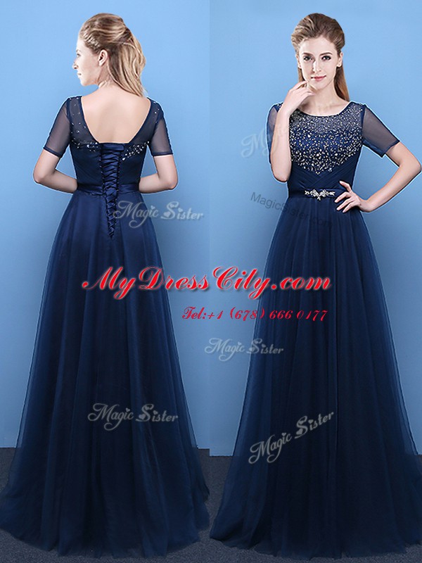 Top Selling Scoop Navy Blue Short Sleeves Beading Floor Length Homecoming Dress