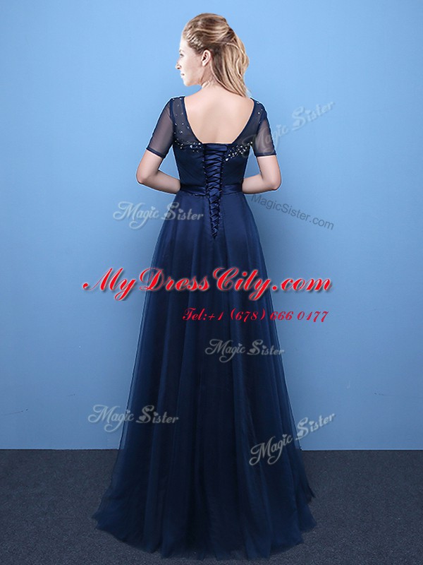 Top Selling Scoop Navy Blue Short Sleeves Beading Floor Length Homecoming Dress