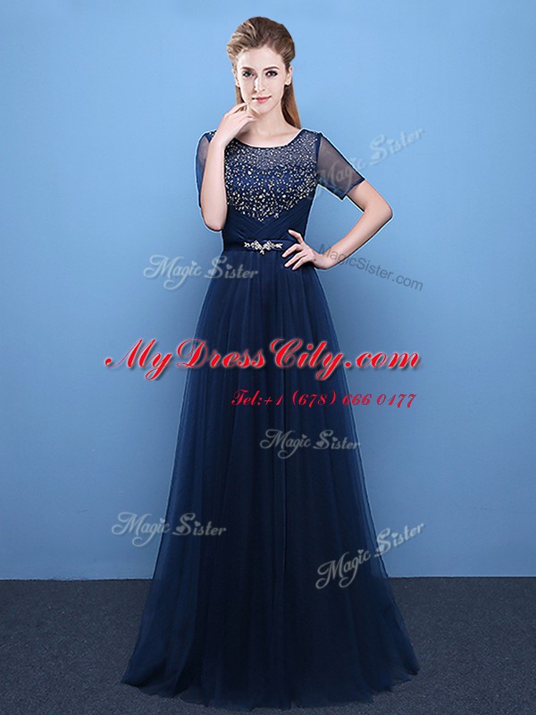 Top Selling Scoop Navy Blue Short Sleeves Beading Floor Length Homecoming Dress