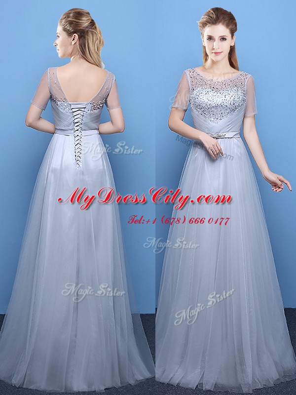 Scoop Short Sleeves Floor Length Beading Lace Up Prom Dress with Grey