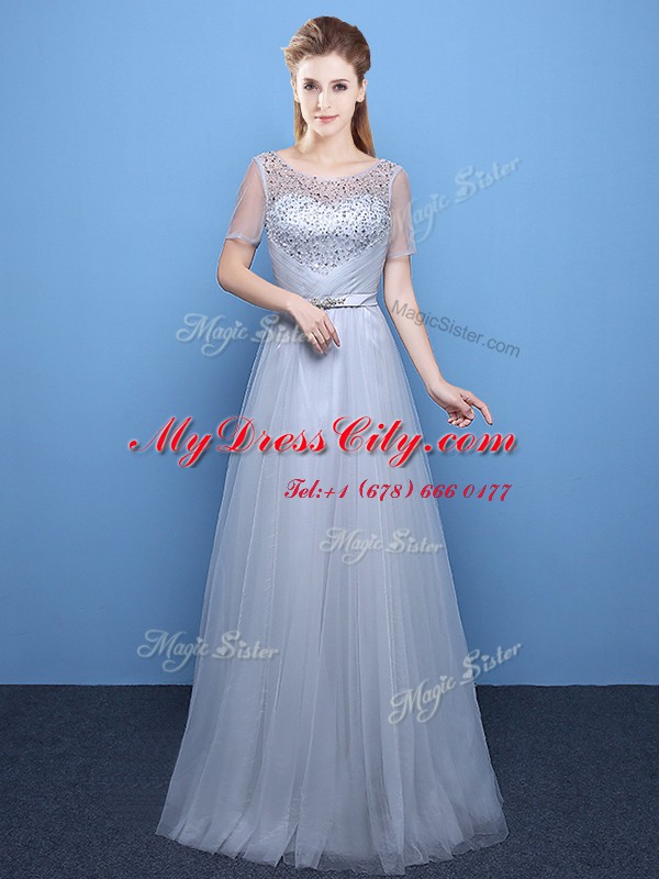 Scoop Short Sleeves Floor Length Beading Lace Up Prom Dress with Grey