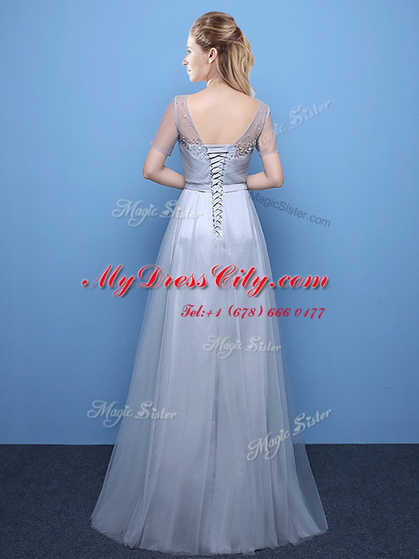 Scoop Short Sleeves Floor Length Beading Lace Up Prom Dress with Grey