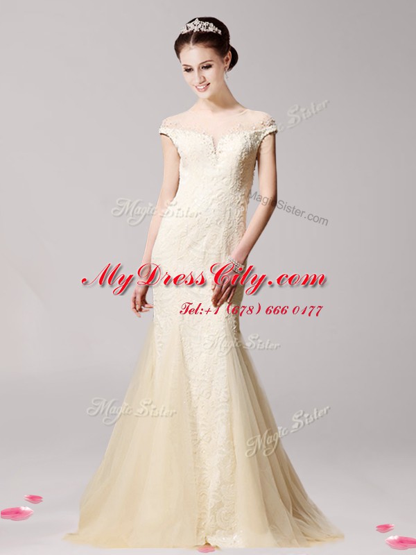 Perfect Mermaid Scoop Champagne Zipper Prom Gown Beading Cap Sleeves Floor Length