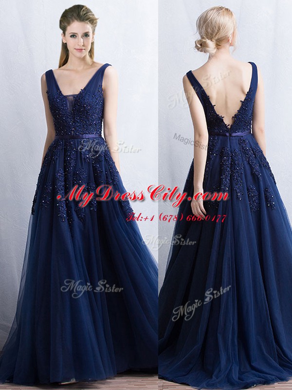 Romantic Navy Blue Sleeveless Tulle Brush Train Backless Prom Dresses for Prom