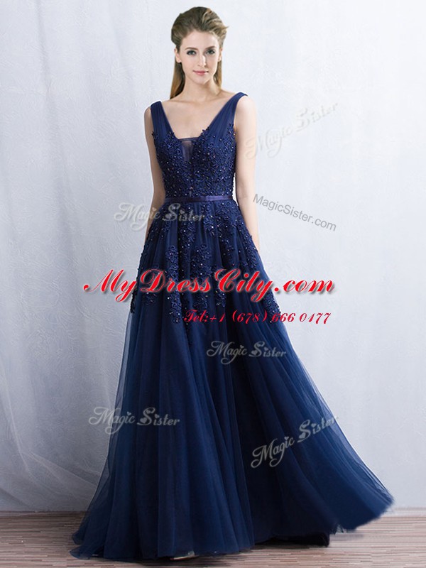 Romantic Navy Blue Sleeveless Tulle Brush Train Backless Prom Dresses for Prom