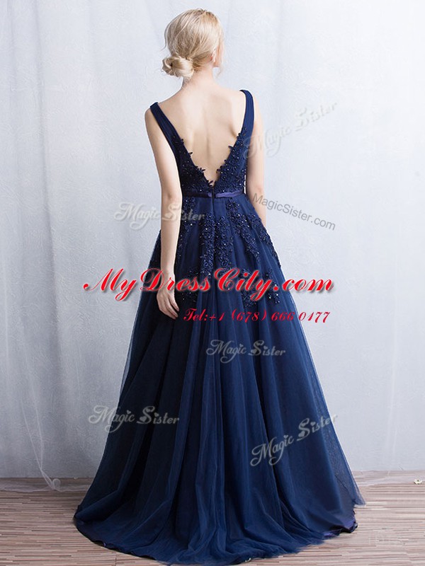 Romantic Navy Blue Sleeveless Tulle Brush Train Backless Prom Dresses for Prom