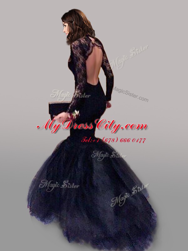 Navy Blue Mermaid Tulle Scoop Long Sleeves Lace With Train Backless Formal Dresses Brush Train