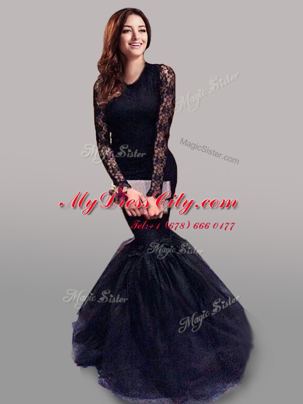 Navy Blue Mermaid Tulle Scoop Long Sleeves Lace With Train Backless Formal Dresses Brush Train