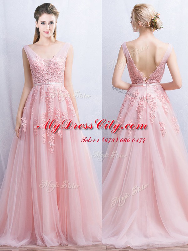 Baby Pink Prom Evening Gown Prom and For with Appliques and Belt V-neck Sleeveless Brush Train Backless