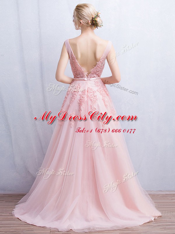 Baby Pink Prom Evening Gown Prom and For with Appliques and Belt V-neck Sleeveless Brush Train Backless