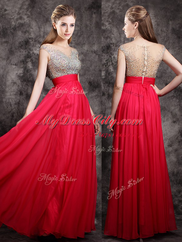 Coral Red V-neck Zipper Beading Dress for Prom Cap Sleeves