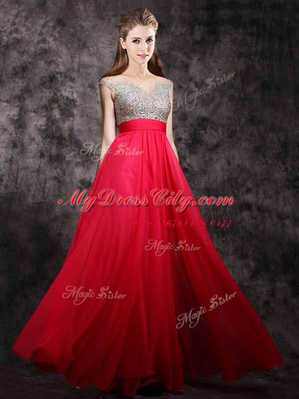 Coral Red V-neck Zipper Beading Dress for Prom Cap Sleeves