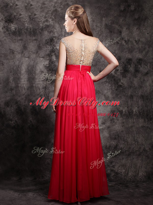 Coral Red V-neck Zipper Beading Dress for Prom Cap Sleeves