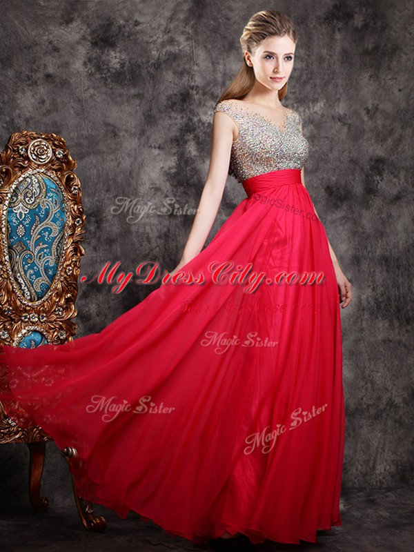 Coral Red V-neck Zipper Beading Dress for Prom Cap Sleeves