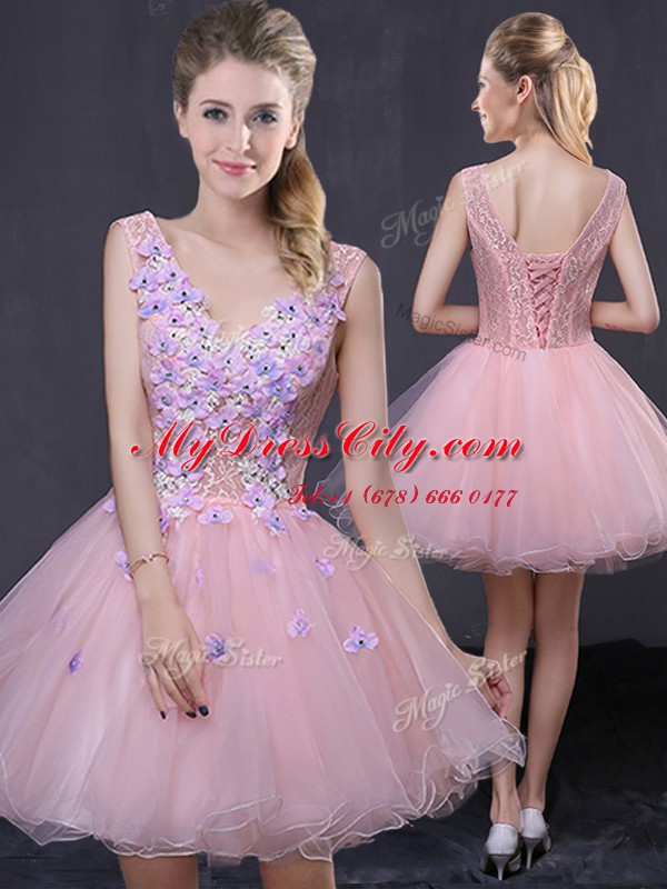 High End V-neck Sleeveless Prom Dresses Mini Length Hand Made Flower Pink Organza