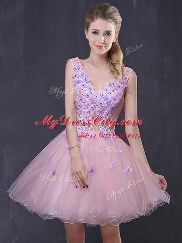 High End V-neck Sleeveless Prom Dresses Mini Length Hand Made Flower Pink Organza