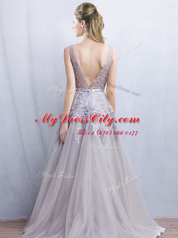 Sleeveless Brush Train Backless With Train Appliques and Belt Dress for Prom