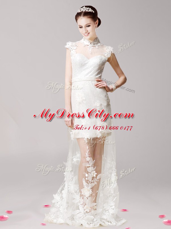 Cap Sleeves Tulle With Brush Train Clasp Handle Dress for Prom in White with Lace and Appliques