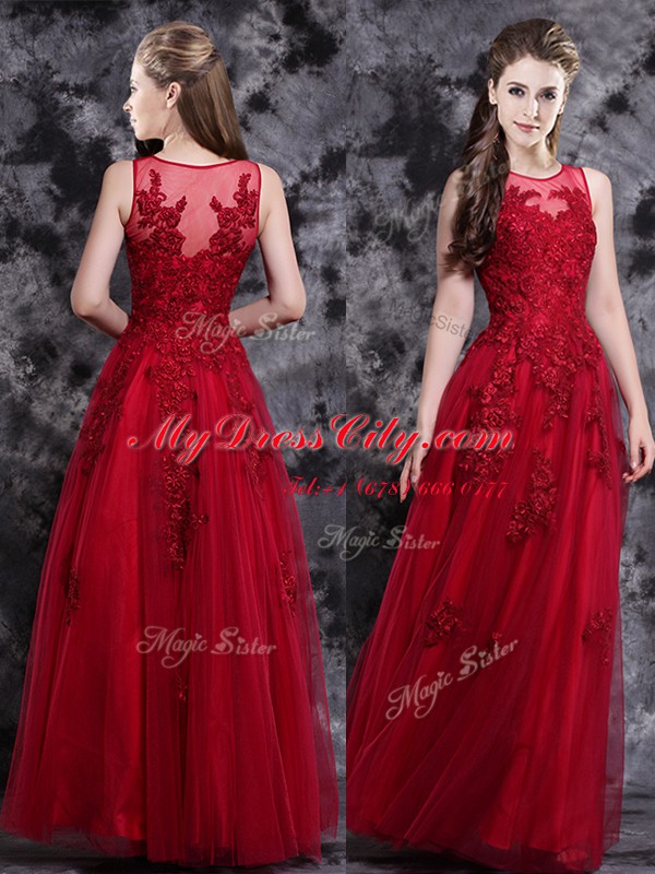 Colorful Scoop Sleeveless Side Zipper Floor Length Appliques Prom Gown