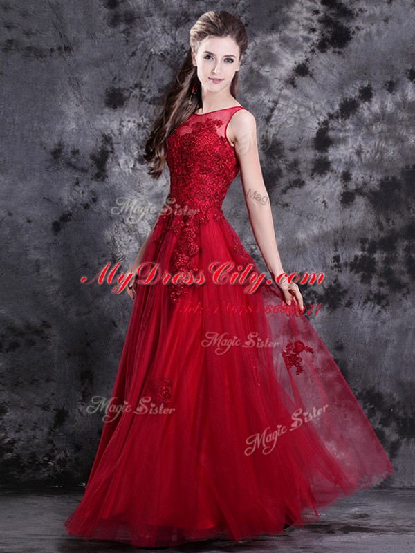 Colorful Scoop Sleeveless Side Zipper Floor Length Appliques Prom Gown