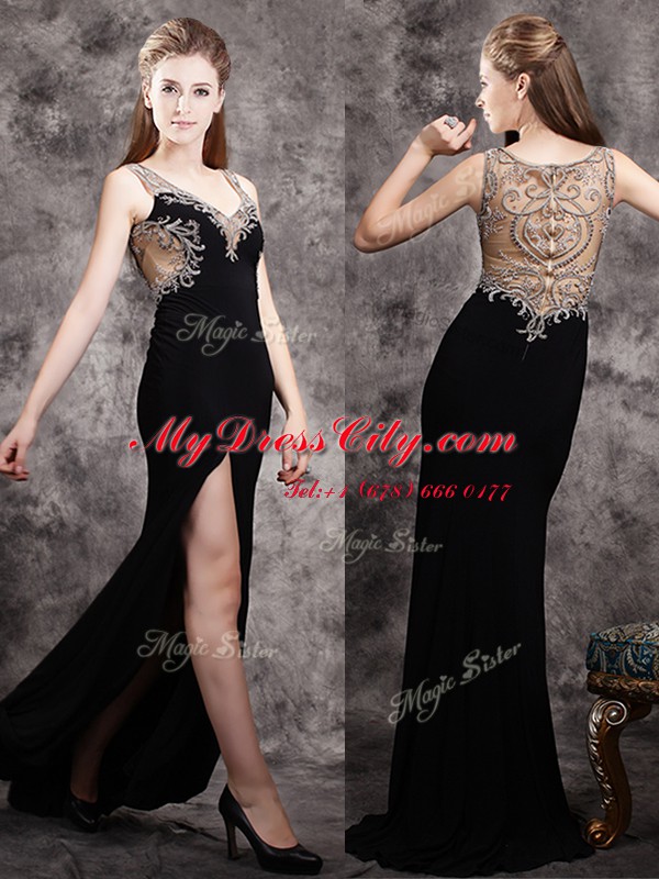 Stylish Chiffon V-neck Sleeveless Brush Train Zipper Appliques Prom Party Dress in Black