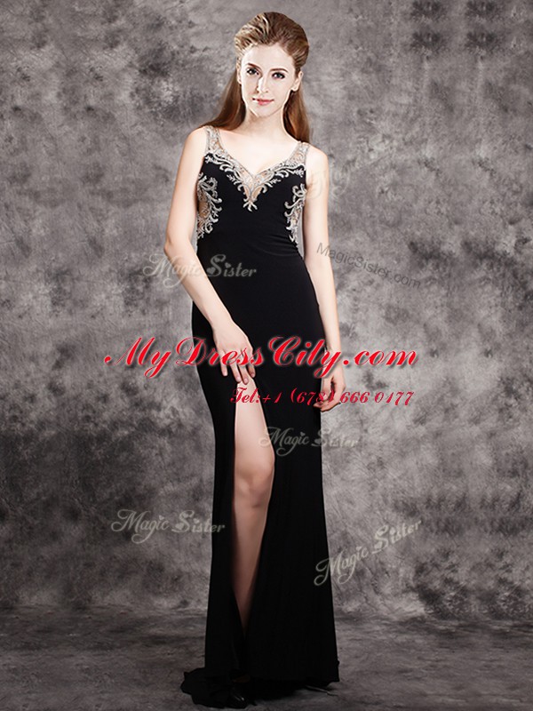 Stylish Chiffon V-neck Sleeveless Brush Train Zipper Appliques Prom Party Dress in Black