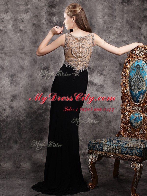 Stylish Chiffon V-neck Sleeveless Brush Train Zipper Appliques Prom Party Dress in Black