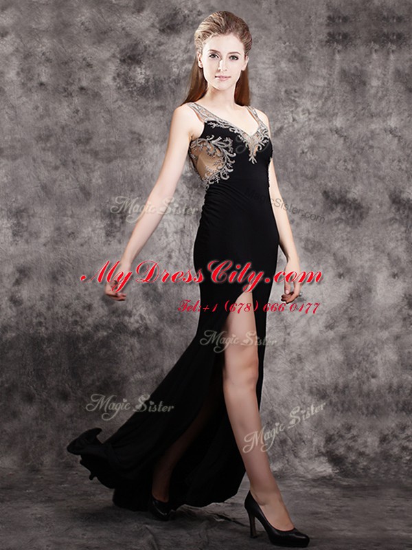 Stylish Chiffon V-neck Sleeveless Brush Train Zipper Appliques Prom Party Dress in Black