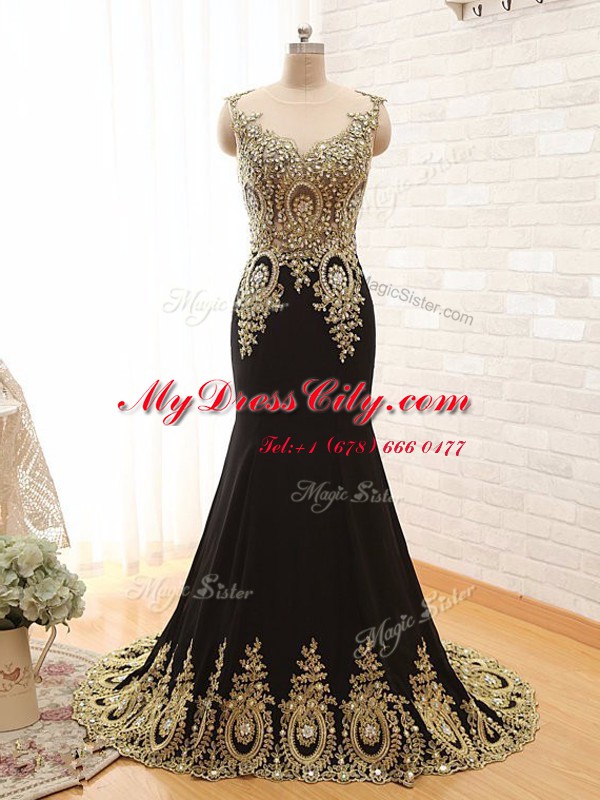 Beautiful Scoop Sleeveless Elastic Woven Satin Evening Dress Beading and Appliques Brush Train Side Zipper