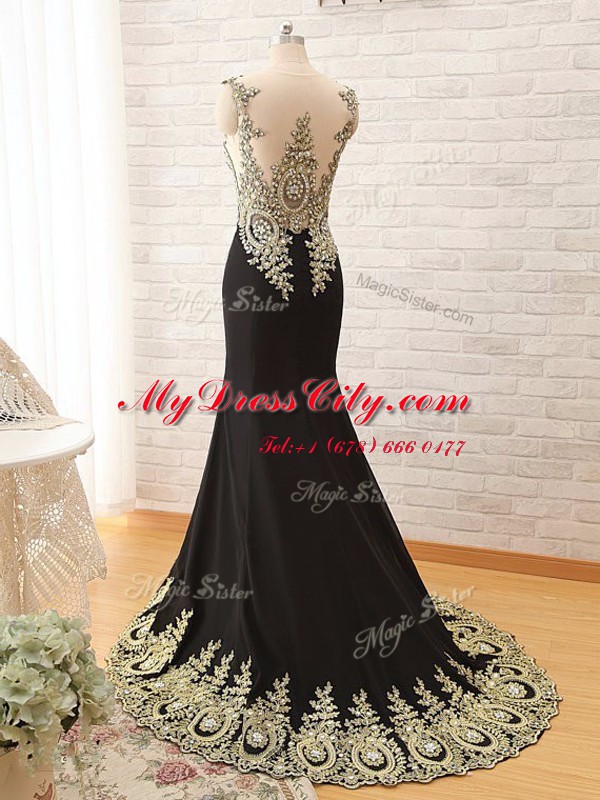 Beautiful Scoop Sleeveless Elastic Woven Satin Evening Dress Beading and Appliques Brush Train Side Zipper