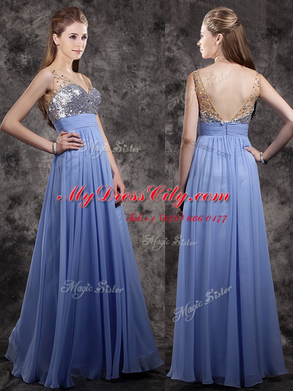 On Sale Floor Length Lavender Prom Dresses Chiffon Sleeveless Beading and Sequins