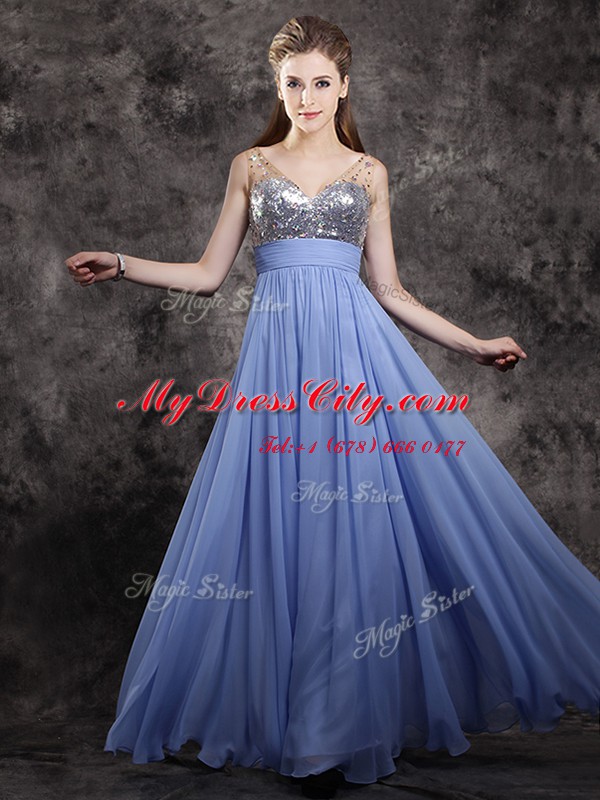 On Sale Floor Length Lavender Prom Dresses Chiffon Sleeveless Beading and Sequins