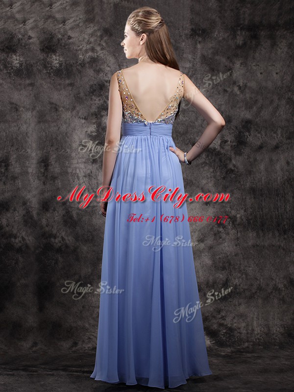 On Sale Floor Length Lavender Prom Dresses Chiffon Sleeveless Beading and Sequins