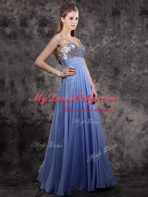 On Sale Floor Length Lavender Prom Dresses Chiffon Sleeveless Beading and Sequins